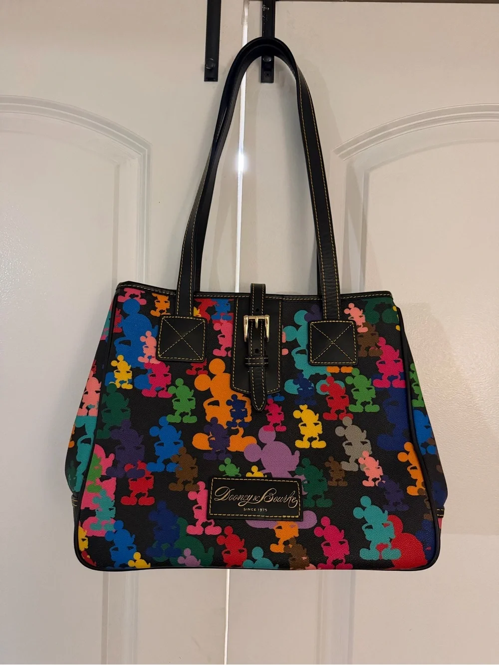 Disney Dooney & Bourke Black Multicolor Mickey Print Tote Purse Black Leather